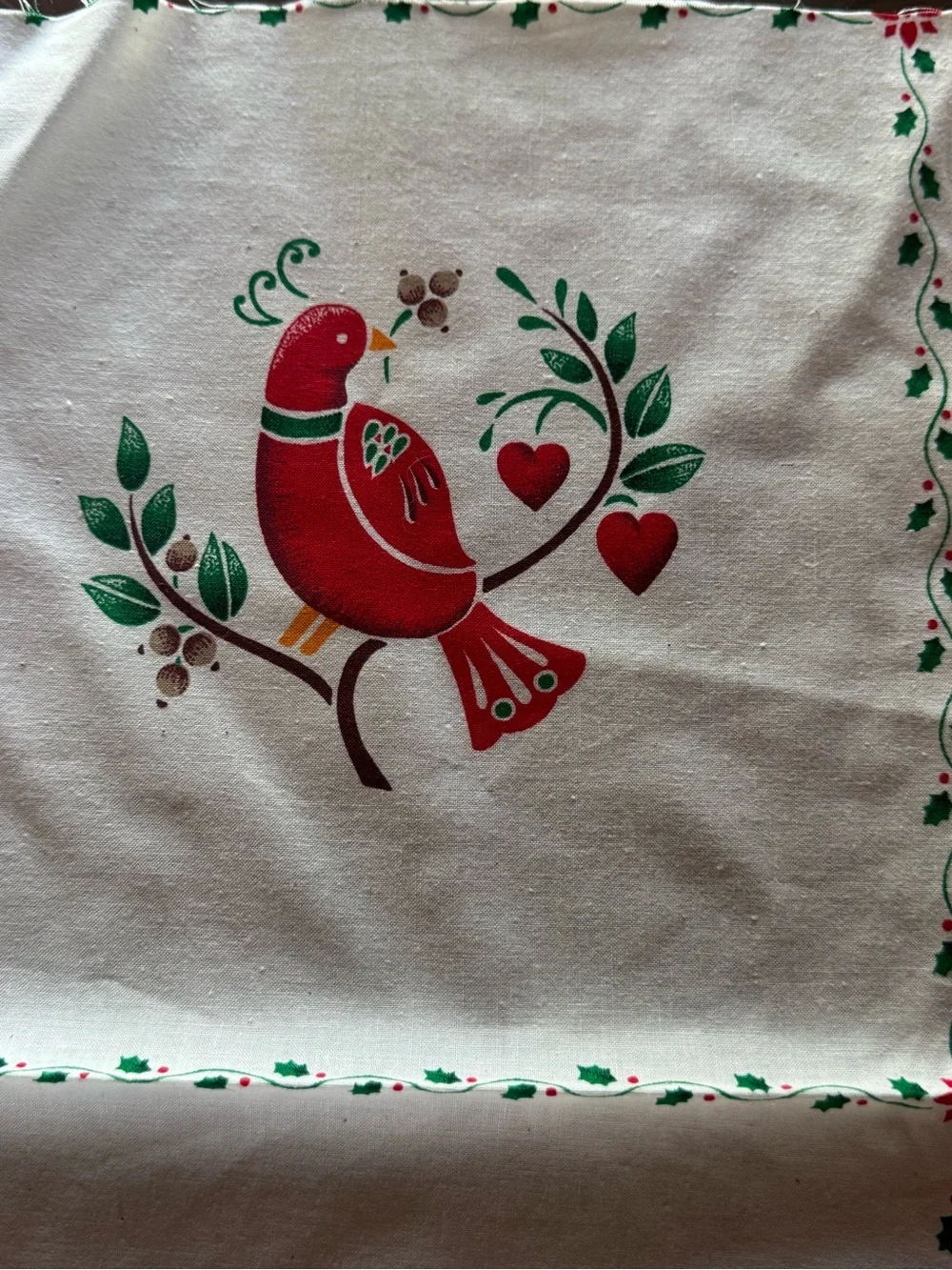 Vintage MidCentury Holiday poinsettia Hankie And 1980 Stencil Fabric Panel Nice
